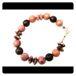 Pink and black stone and wooden beaded bracelet.